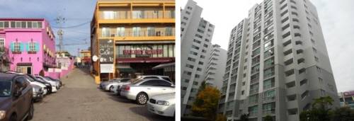 ▲ 경기도 파주시 탄현면 일명 '프로방스마을(왼쪽)'과 인천 계양구 병방동 소재 학마을 서해아파트(오른쪽) 전경. ⓒ 지지옥션