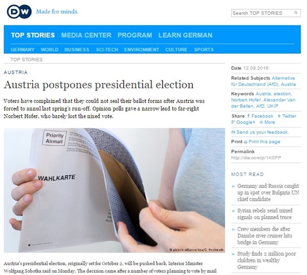 ▲ 오스트리아 대선이 부재자 투표봉투 결함으로 두 달 연기돼 오는 12월 7일날 치러지게 됐다. 사진은 독일 공영 '도이체벨레(DW)' 방송 영문 인터넷판 관련기사 일부.ⓒ'DW'영문 홈페이지 캡쳐