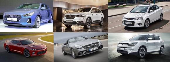 ▲ 왼쪽 상단부터 시계방향으로 현대차 신형 i30, 르노삼성 QM6, 한국지엠 더 뉴 아베오, 쌍용차 2017년형 티볼리, 뉴 메르세데스-AMG SLC 43, 쉐보레 카마로SS.ⓒ각 사