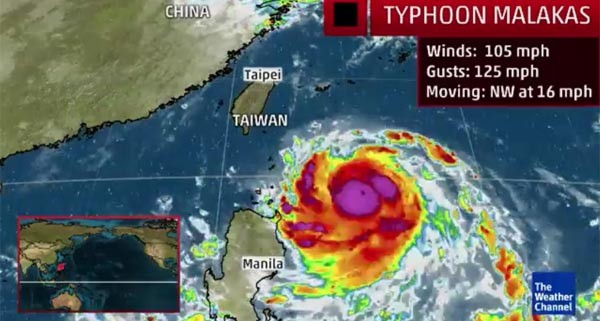 ▲ 지난 15일 美기상채널(Weather Channel)은 제16호 태풍 '말라카스'의 적외선 영상사진을 공개했다. 붉게 보일수록 온도가 높으며, 그만큼 많은 물방울을 품게 된다. ⓒ美기상채널 관련보도 화면캡쳐