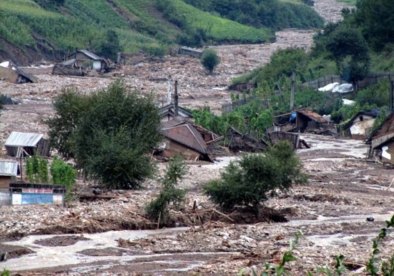 북한의 김정은이 수해피해 지역 복구를 위해 10만여 명의 지원인력을 투입한 것으로 알려졌다. 그러나 수해현장에 투입된 인력들은 식량문제가 해결되지 않자 도둑질까지 하고 있다고 한다. 사진은 북한의 선전매체인 '내나라'가 홈페이지에 게재한 북한 홍수피해 모습.ⓒ北선전매체