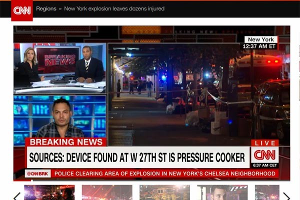 ▲ CNN 등 美주요언론들은 지난 17일 오후 9시 30분(현지시간) 뉴욕 맨해튼에서 일어난 폭발 관련 소식을 속보로 내보내고 있다. ⓒ美CNN 관련속보 화면캡쳐