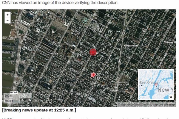 CNN에 따르면 뉴욕 맨해튼 폭발이 일어난 곳은 코리아타운과 인접해 있다고 한다. ⓒ美CNN 관련속보 화면캡쳐
