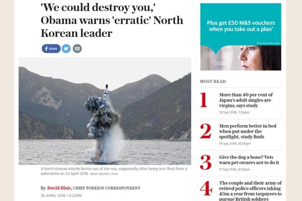 ▲ 지난 4월 26일 英텔레그라프는 "북한 정권을 파괴해 버릴 수 있다"는 오바마 美대통령의 경고 내용을 보도했다. ⓒ英텔레그라프 당시 관련보도 화면캡쳐