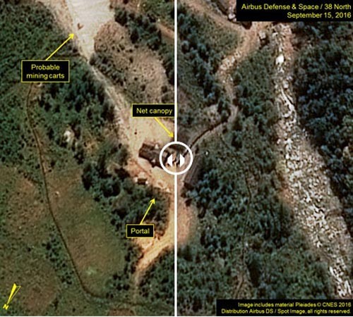 ▲ 5차 핵실험을 실시했던 풍계리 북쪽 갱도의 모습. 왼쪽은 핵실험 전, 오른쪽은 핵실험 후 사진. ⓒ38노스 관련화면 캡쳐