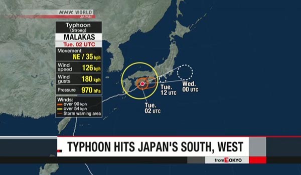▲ 日남서부 일대를 강타 중인 태풍 '말라카스'는 21일 오후 태평양으로 빠져나가 소멸할 것이라고 한다. ⓒ日NHK 월드 관련뉴스 캡쳐