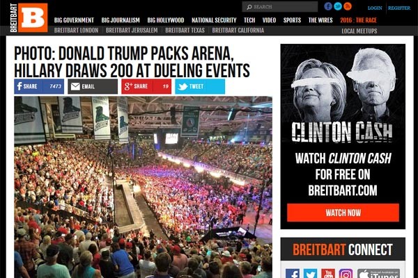 ▲ 힐러리가 "내가 당선되면 폐간시킬 것"이라고 악담을 퍼부었던 美우파매체 '브라이트바트'가 보도한, 최근 마이애미州에서 열린 도널드 트럼프 유세 현장. 같은 날 힐러리 유세 현장에는 200여 명이 모였다고 한다. ⓒ美브라이트바트 관련보도 화면캡쳐
