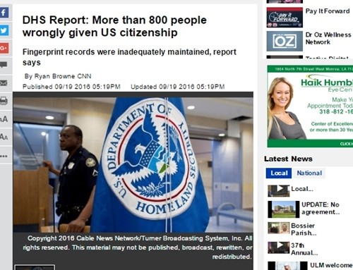 ▲ 미국 정부가 추방대상자 최소 853명에게 실수로 시민권을 부여하면서 구설수에 올랐다. 사진은 관련 美CNN 인용 기사 일부.ⓒ'myarklamiss'홈페이지 캡쳐