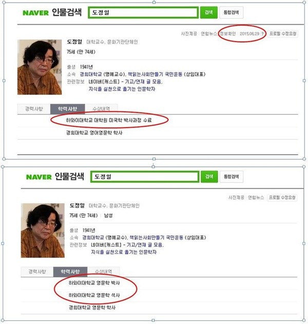 ▲ 도정일 교수는 지난해 6월29일, 자신의 학위 논란에 대한 언론 보도가 있기 약 5개월 전  네이버 프로필의 학력사항을 '하와이대 영문학과 석박사'에서 '하와이대학교 대학원 미국학 박사과정 수료'로 수정했다. ⓒ 네이버 화면 캡처