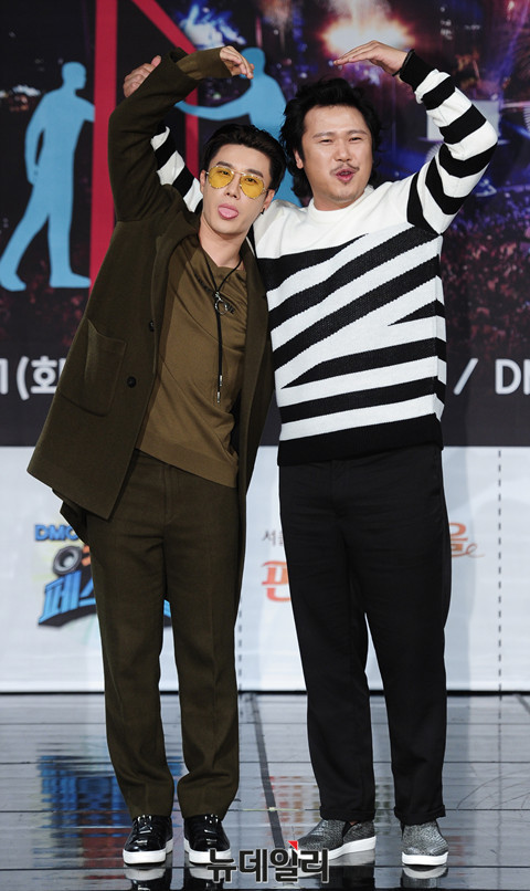 ▲ 왼쪽부터 산이, 장미여관 멤버 육중완 ⓒ 뉴데일리 공준표