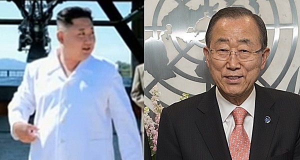 ▲ 북한의 조국평화통일위원회 대변인은 반기문 유엔 사무총장의 실명을 거론하며 맹목적인 비난을 쏟아냈다. 이는 최근 반기문 총장의 북핵실험 규탄 발언에 따른 화풀이로 보인다. 사진은 (왼쪽부터)김정은, 반기문 총장.ⓒ北선전매체 중계영상 캡쳐, UN