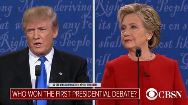 ▲ 전세계 1억 명에 다다르는 시청자들이 지켜본 美대선후보 간 1차 TV토론이 종료됐다. 예상대로 美공화당의 도널드 트럼프와 美민주당의 힐러리 클린턴은 각종 현안을 두고 이견을 보이면서 지지율 높이기에 주력했다. 사진은 (왼쪽부터) 트럼프, 힐러리.ⓒ美'CBS뉴스' 중계영상 캡쳐