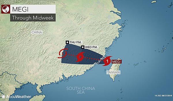 국제기상정보업체 '애큐웨더'가 예측한 제17호 태풍 '메기'의 경로. 中남동부 일대에서 홍수 피해가 우려된다고 밝혔다. ⓒ애큐웨더 뉴스센터 화면캡쳐