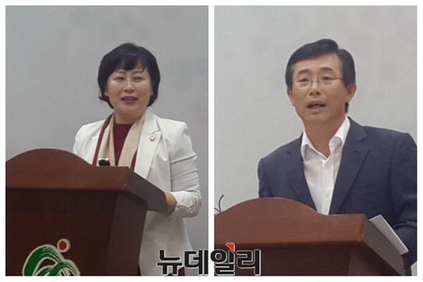 ▲ 4일 충북도청 브리핑룸에서 ‘스토리창작 클러스터’ 관련 기자회견중인 김꽃임 제천시의원(왼쪽)과 이진규 도 문화관광국장.ⓒ김종혁 기자