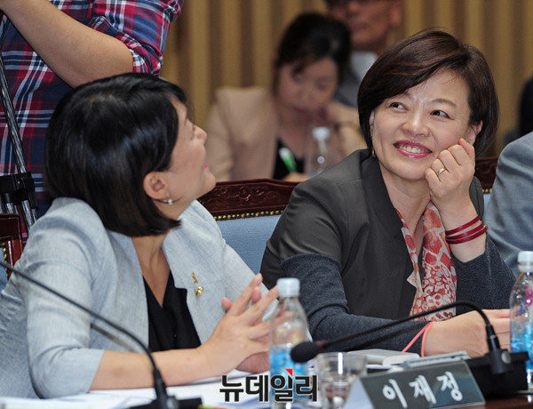 ▲ 더불어민주당 소속 이재정(왼쪽), 진선미 의원이 4일 10시부터 서울시청에서 열린 '국회 안정행정위원회 서울시 국정감사'에서 이야기를 나누고 있다. ⓒ뉴데일리 공준표 기자