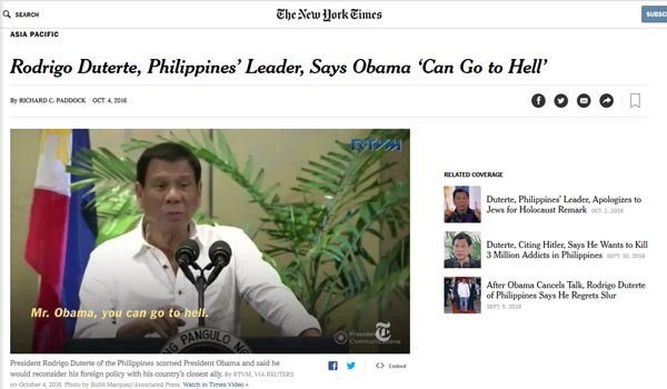 ▲ 로드리고 두테르테 필리핀 대통령의 반미 발언과 오바마 대통령 비난 발언은 전 세계의 주목을 받고 있다. 美NYT는 그의 발언영상을 게재하기도 했다. ⓒ美뉴욕타임스 관련보도 화면캡쳐