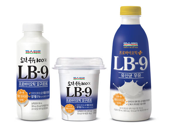▲ 파스퇴르 LB-9 요구르트 500ml 병(왼쪽), 400g 컵(가운데), LB-9 유산균 우유(오른쪽). ⓒ롯데푸드