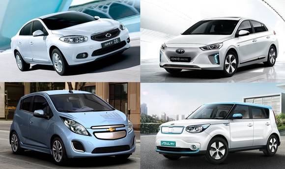 ▲ 왼쪽 상단부터 시계방향으로 르노삼성 SM3 Z.E., 현대자동차 아이오닉 일렉트릭, 기아자동차 쏘울EV, 한국지엠 스파크EV.ⓒ각 사