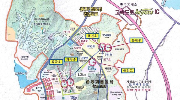 ▲ 충북 충주기업도시내 학교 위치 표시 조감도.ⓒ충북도교육청