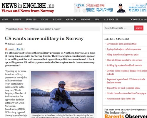 지난 2월 17일(현지시간) 노르웨이 현지 매체가 전한, 美해병대의 노르웨이 순환배치 관련 소식. ⓒ노르웨이 '뉴스 인 잉글리쉬' 관련보도 화면캡쳐