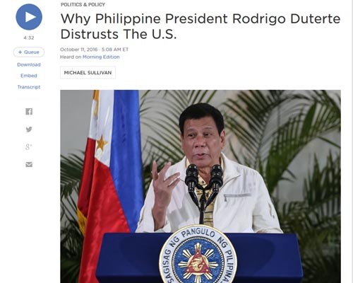 ▲ 로드리고 두테르테 필리핀 대통령의 '반미 발언'은 아시아는 물론 미국, 영국의 눈길까지 끌고 있다. 사진은 美공영 NPR의 "왜 두테르테는 미국을 불신하나"라는 제목의 기사. ⓒ美공영 NPR 관련보도 화면캡쳐