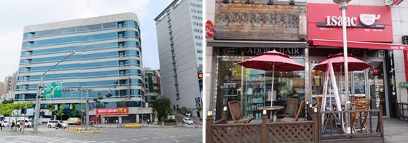 ▲ 서울 서대문구 창천동에 소재한 사루비아빌딩(왼쪽)과 고양시 덕양구 성사동 명지캐럿86 주상복합 1층 상가 모습. ⓒ 지지옥션