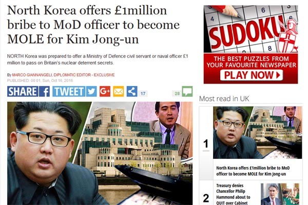 ▲ 英선데이 익스프레스는 "태영호 공사는 '英핵잠수함 기밀 관리자에게 100만 파운드를 주고 포섭, 나중에 北으로 망명시키라'는 황당한 지시 때문에 압박감을 느껴 망명했다"고 보도했다. 현재 해당 기사는 가장 많이 본 기사로 올라와 있다. ⓒ英선데이 익스프레스 관련보도 화면캡쳐