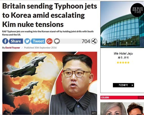 ▲ 지난 9월 30일(현지시간) 英데일리 스타는 英공군의 타이푼 전투기와 한미 공군의 연합훈련 소식을 전했다. ⓒ英데일리 스타 관련보도 화면캡쳐