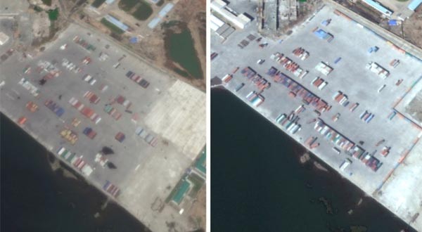 ▲ '미국의 소리(VOA)'가 공개한 美'디지털 글로브'의 北남포항 컨테이너 항만 위성사진. 왼쪽이 2015년, 오른쪽이 2016년인데 거의 차이가 없다. ⓒ미국의 소리 관련보도 화면캡쳐