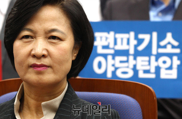 ▲ 더불어민주당 추미애 대표가 지난 13일 검찰의 기소에 항의하는 차원에서 소집된 긴급의원총회에 참석해 피켓을 배경으로 앉아 있다. ⓒ뉴데일리 이종현 기자