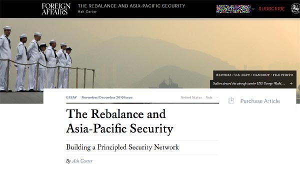 ▲ 애슈턴 카터 美국방장관이 '포린 어페어스'에 기고한 에세이의 제목. ⓒ美포린 어페어스 관련화면 캡쳐
