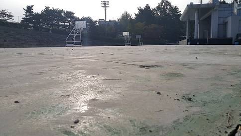 ▲ 우레탄 철거 작업이 마무리된 서울 중구 동국대 만해광장. ⓒ뉴데일리경제