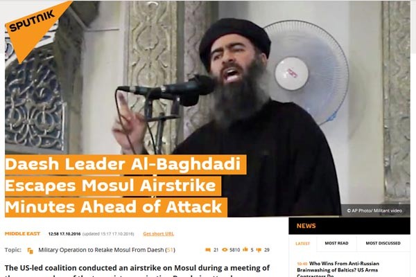 ▲ 지난 17일(현지시간) 러시아 스푸트니크 뉴스는 "아부 바크르 알 바그다디가 공습을 피해 모술에서 도망쳤다"고 전했다. ⓒ러시아 스푸트니크 뉴스 관련보도 화면캡쳐