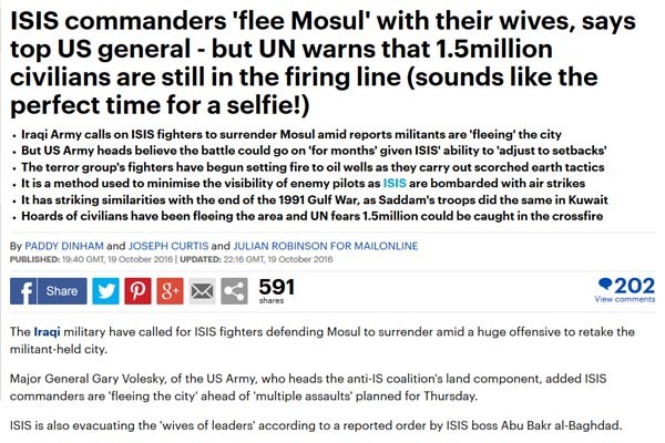 ▲ 지난 19일(현지시간) 英데일리 메일은 "모술에 있던 대쉬(ISIS) 지휘관 대부분이 도망쳤다"고 보도했다. ⓒ英데일리 메일 관련보도 화면캡쳐