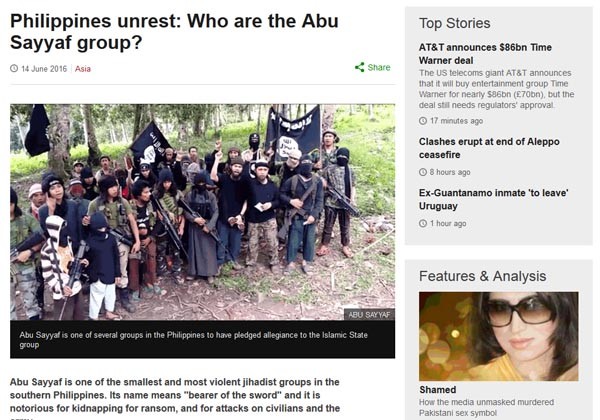 ▲ 필리핀의 이슬람 테러조직 '아부 사야프'에 대한 英BBC 관련보도. 이 테러조직은 돈 버는 범죄에 혈안이 돼 있는 집단이다. ⓒ英BBC 2016년 6월 관련보도 화면캡쳐