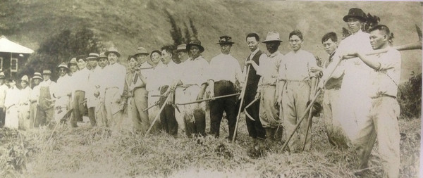 ▲ 1916년 하와이 여학생 기숙사건축 공사장에서 교민들과 정지작업중인 이승만. 오른쪽에서 일곱번째.(자료사진)