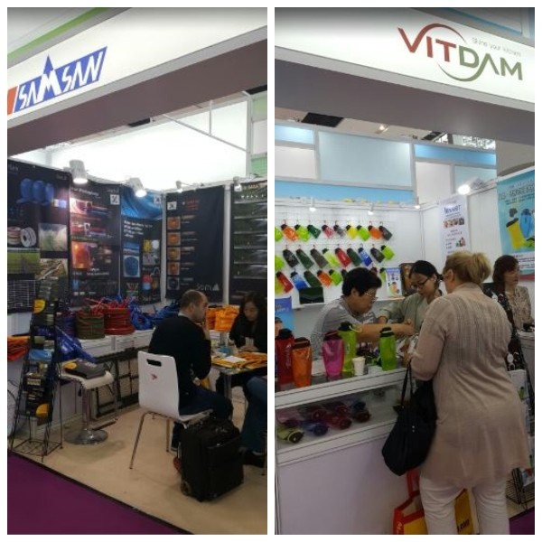 ▲ 지난 15일부터 19일까지 중국 광저우에서 열린 ‘추계 수출입교역회(1기)’에 참가한 충북의 삼산물산(왼쪽)과 빛담의 바이어 상담 모습.ⓒ충북도