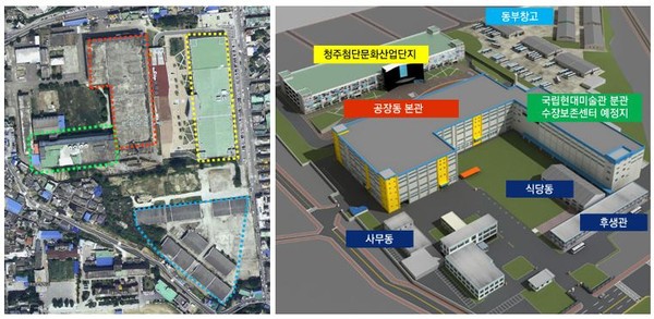 ▲ 충북 청주시 내덕동 옛 연초제조창 항공사진과 조감도.ⓒ청주시