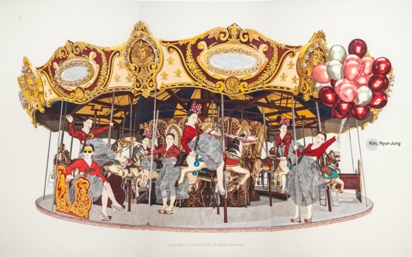 ▲ 김현정_내숭동산_한지위에 수묵담채, 콜라쥬_234×412.8cm_2016