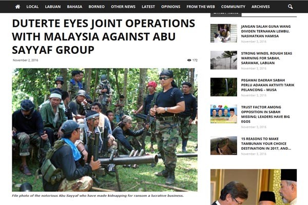 ▲ 지난 2일(현지시간) 인도네시아 '보르네오 투데이'의 보도. 두테르테 대통령이 필리핀 남부에서 활동하는 테러조직 '아부 사야프' 소탕을 위해 말레이시아, 인도네시아와 힘을 합치겠다고 밝히자 큰 관심을 보였다. ⓒ인도네시아 보르네오 투데이 관련보도 캡쳐