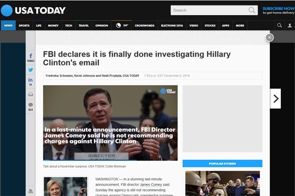▲ 美FBI는 휴마 애버딘의 노트북에서 새로 발견된 이메일에 대한 수사를 종결하고, 힐러리에 대해 불기소 의견을 유지한다고 밝혔다. ⓒ美USA투데이 관련보도 화면캡쳐
