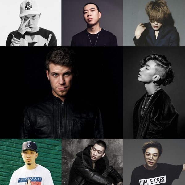 ▲ 상단 순서대로 로꼬·비와이·자이언티-투자모·박재범-어글리덕·씨잼·기리보이ⓒ브이유이엔티