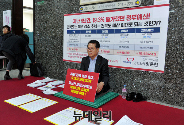 ▲ 새누리당 정운천 의원이 8일 국회본청 새누리당 원내수석부대표실 앞에서 예산안조정소위에서 갑자기 배제된 것을 항의하는 농성을 하고 있다. ⓒ뉴데일리 이종현 기자