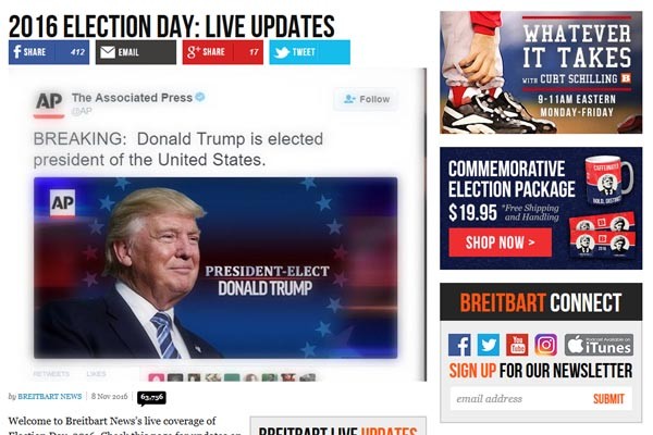 ▲ 그동안 꾸준히 도널드 트럼프를 지지해 온 온라인 매체 '브라이트 바트'의 트럼프 당선 기사. 이번 대선 예측에 실패한 美주류 언론은 이 매체를 '듣보잡' 취급해 왔다. ⓒ美브라이트 바트 닷컴 화면캡쳐