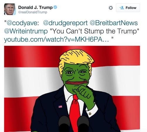 ▲ '페페'로 불리는 개구리 캐릭터를 도널드 트럼프처럼 만든 사진. 도널드 트럼프 본인도 이런 패러디를 좋아해 자신의 트위터에 올리기도 했다. ⓒ대선 기간 중 도널드 트럼프 트위터 캡쳐