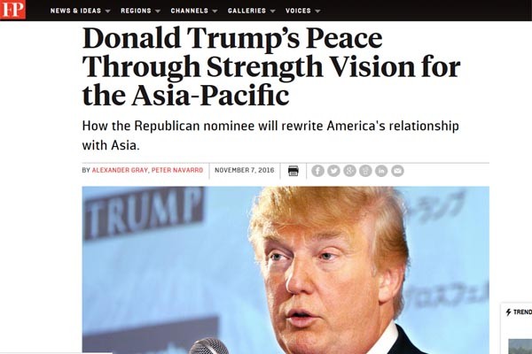▲ 트럼프 당선자의 정책자문역들이 지난 7일(현지시간) 美외교전문지 '포린 팔러시'에 아시아 태평양 전략에 대한 글을 기고했다. ⓒ美포린 팔러시 관련 기고문 캡쳐