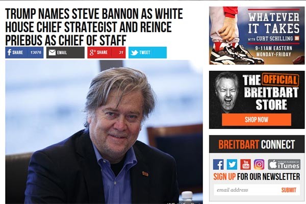 ▲ 트럼프 당선자는 '브라이트 바트'의 공동 설립자이자 M&A 전문가인 '스티브 배넌'을 백악관 수석전략가로 내정했다. ⓒ美브라이트 바트 관련보도 화면캡쳐