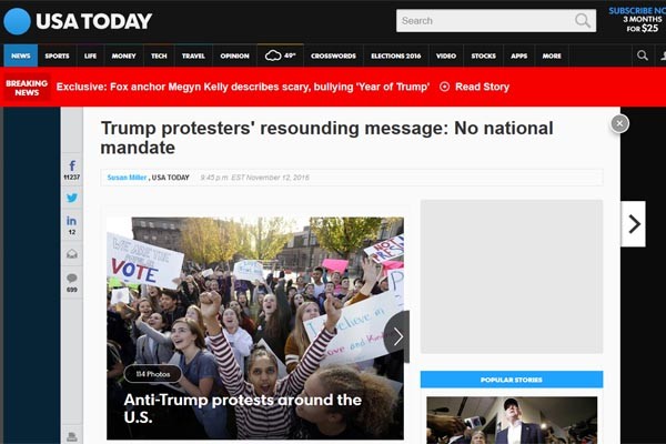 ▲ 美USA투데이는 지난 12일 '트럼프 반대 시위대'의 주장을 비교적 자세히 보도했다. ⓒ美USA투데이 관련보도 화면캡쳐