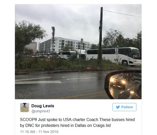 ▲ 현재 유튜브와 SNS에서 급속히 퍼지고 있는 사진. 사진 속 흰색 버스가 美민주당 전국위원회(DNC)가 동원, 알바 시위대를 실어나르는 버스라고 한다. ⓒ관련 트위터 캡쳐
