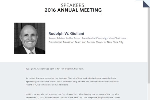 ▲ 美월스트리트 저널 CEO 위원회에 2016년 연사로 소개돼 있는 루돌프 줄리아니 前뉴욕 시장. ⓒ美월스트리트 저널 CEO 위원회 홈페이지 캡쳐